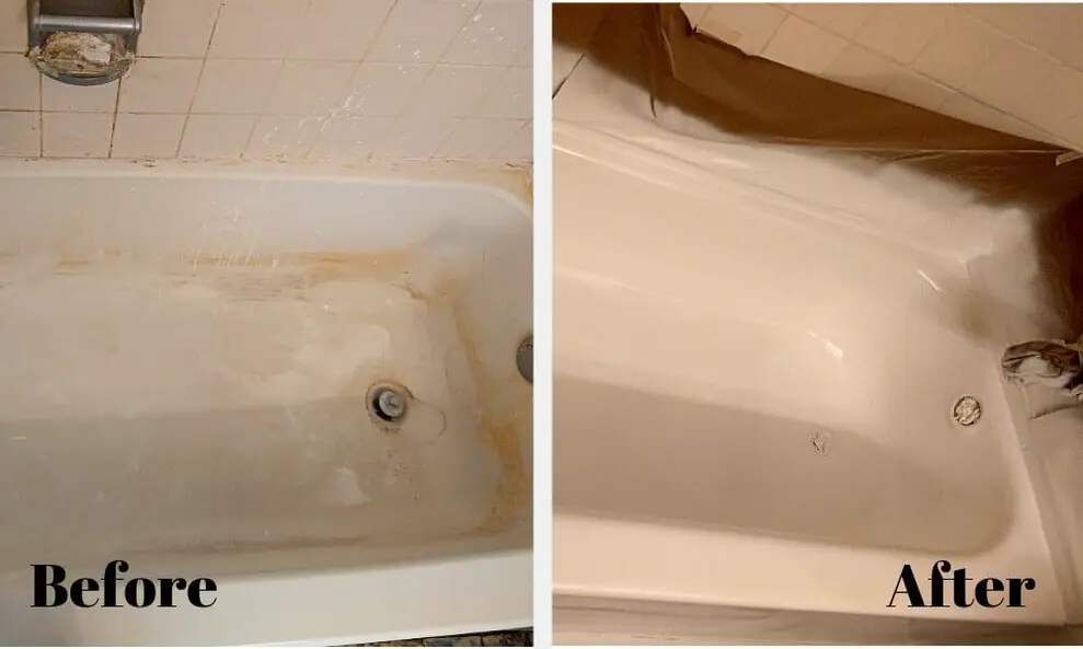 The image shows the before and after of a refinished bathtub, the before shows yellow, gray and brown stains on the bathtub and drain with some paint marks on the wall, and the after shows a completely white and smooth bathtub.